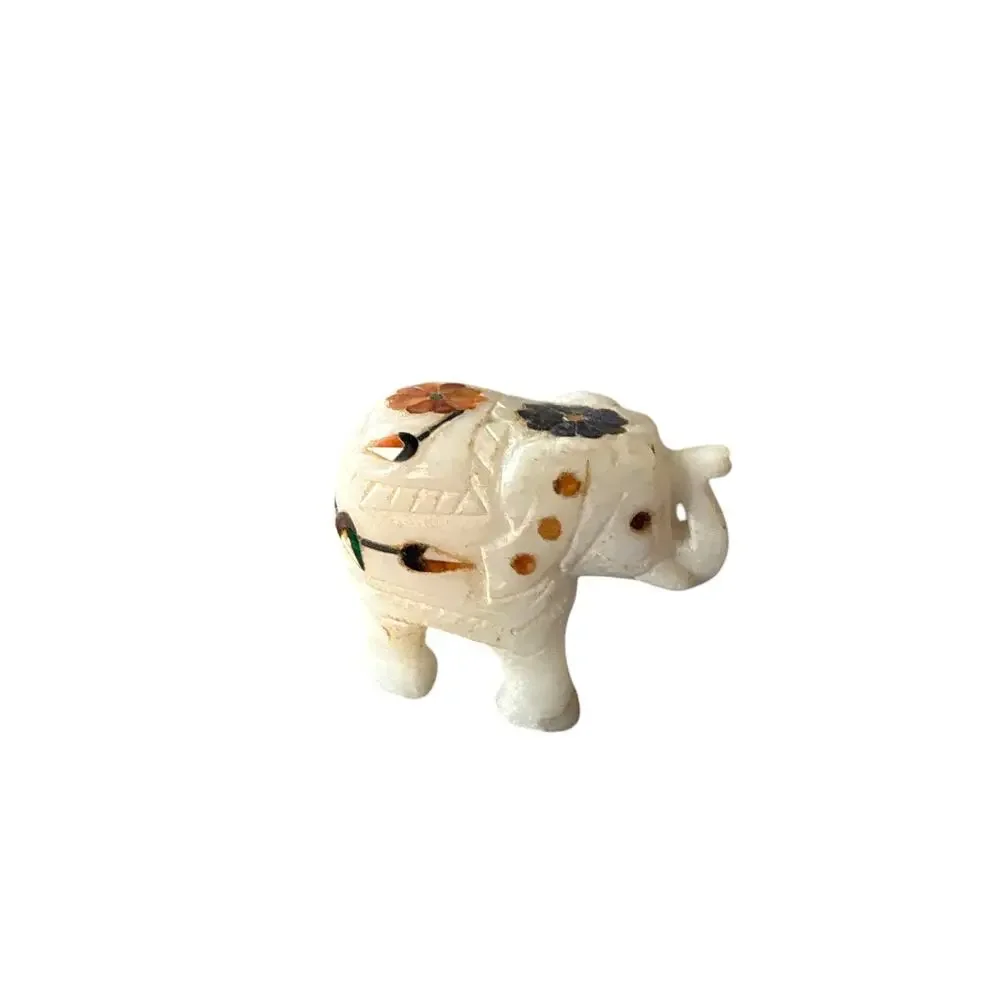 Hand Carved Stone Lucky Elephant Figurine Floral Inlay Marble Alabaster 2” VTG